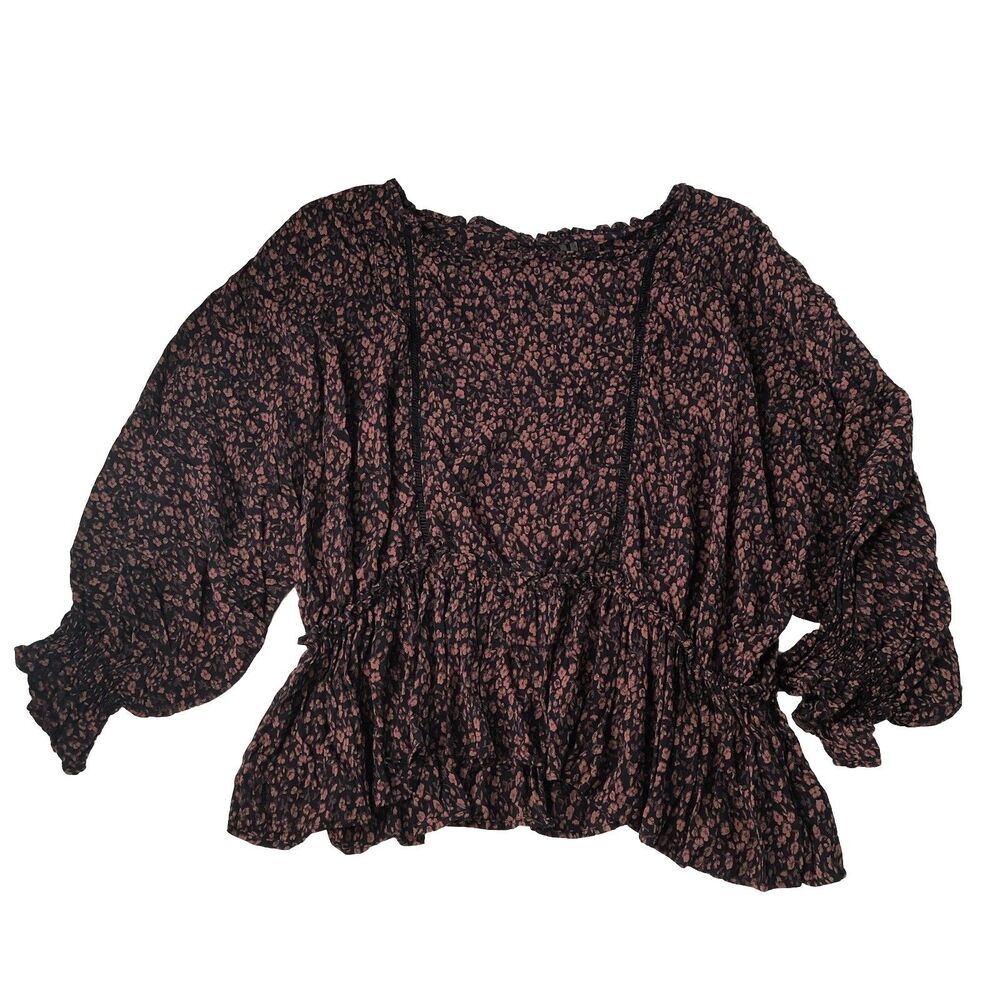 Anthropologie Black Dusty Rose Floral Crochet Trim Peplum Blouse OB1038014 XL